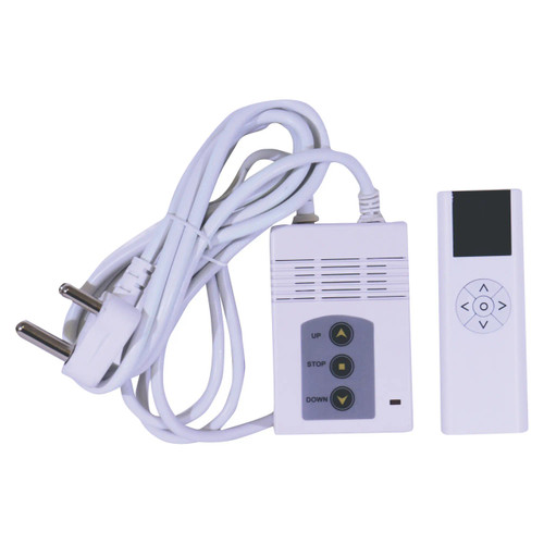 Parrot Electric Pull Down Projection Screen Remote Control SC0700, image showing a white remote control with navigation buttons next to a power cord and control box.