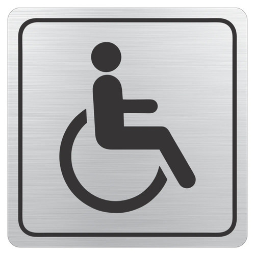 Disabled Toilet Symbolic Sign - Black Printed on Brushed Aluminium ACP, 150 x 150mm, SN4104, showing a black wheelchair icon on a brushed aluminium background.