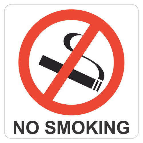 No Smoking Sign, 150 x 150 mm, UV Printed on White ACP with Rounded Edges, Double-sided Tape Included, Featuring a Red Prohibition Symbol over a Black Cigarette, Clearly Displaying 'No Smoking' Text in Black, from Brand 67.