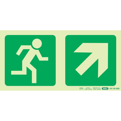 Photoluminescent 190MM Safety Sign - E11-Running Man+Diagonal Arrow Up And Right