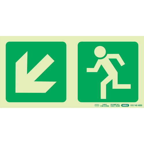 Photoluminescent 190MM Safety Sign - E14-Diagonal Arrow Down AND Left + Running Man