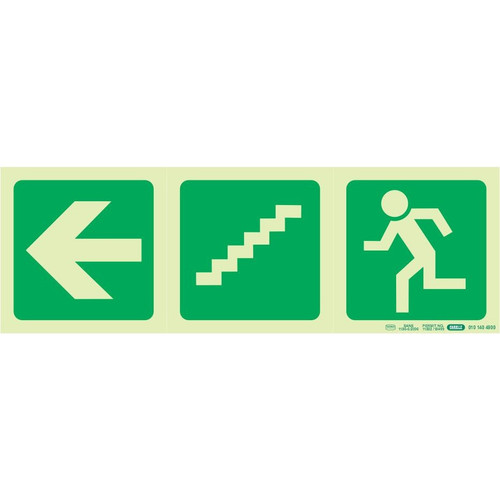 Photoluminescent 190MM Safety Sign - E17-Arrow Left+Stairs Going Down+Running Man