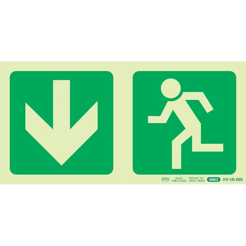 Photoluminescent 190MM Safety Sign - E3-Arrow Down+Running Man