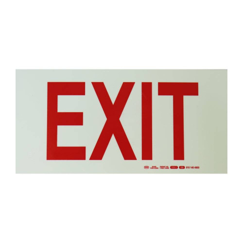 67 Brand Photoluminescent 190 mm Safety Sign, E6-Exit, Glow in the Dark Sign, with Bold Red Exit Text on a White Background, SABS Approved, Providing Essential Wayfinding Information for Emergency Procedures.