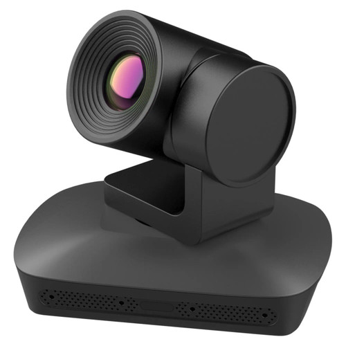 Black 67 Brand Wireless PTZ Voice Tracking Webcam with 10x Optical Zoom, 2.1 Million Pixels, and 4 Digital Microphone Array, a Professional Video Camera with Sleek Design and Ir Remote Control on a White Background.