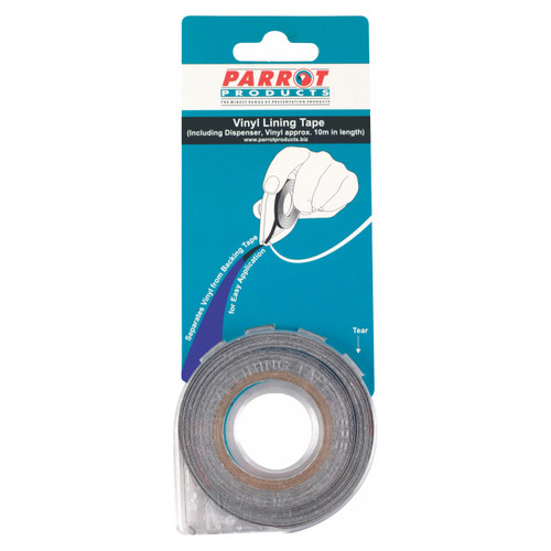Vinyl Lining Tape, 10 meters long, 6mm wide, blue color, packaged in a clear roll with product label for easy application and sealing. Vinyl Lining Tape, 10 meters long, 6mm wide, blue color, packaged in a clear roll with product label for easy application and sealing.