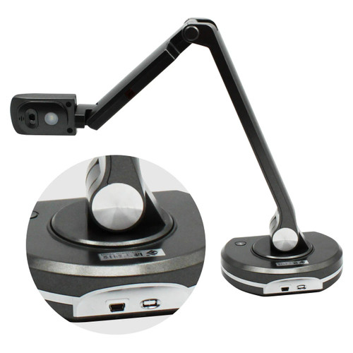 Product Visualizer Presenter (Econo) VZ0001, black and white desktop document camera with adjustable arm and base, featuring a built-in camera and control ports. Product Visualizer Presenter (Econo) VZ0001, black and white desktop document camera with adjustable arm and base, featuring a built-in camera and control ports.