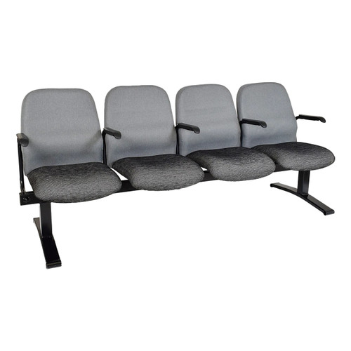 Four - Seater Free Standing Auditorium Unit with Arms, model COF-ABC-RBL-AS4, featuring four grey fabric seats with armrests and cushioned seats on a black metal frame for auditorium or conference hall seating.