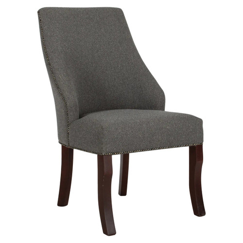 Paisley Dining Chair, a dark grey upholstered chair with wooden legs and nailhead trim details.