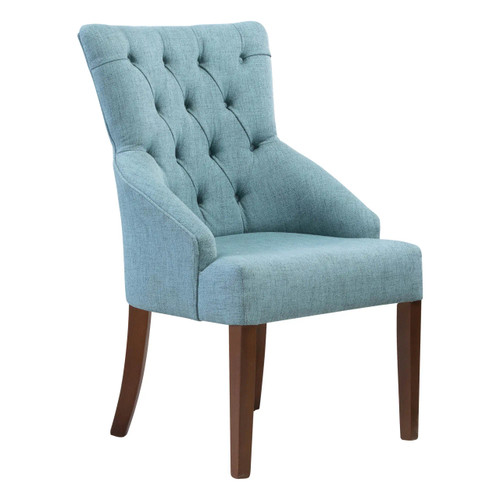 Athens Dining Chair, stylish upholstered blue fabric chair with wooden legs and tufted backrest.