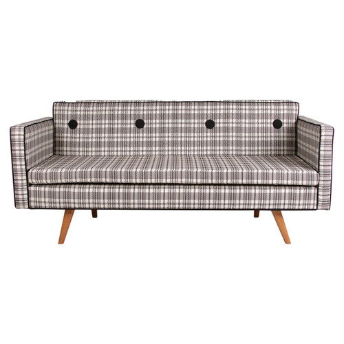 Sofia Double Seater Sofa, modern checked fabric pattern with black piping and button details, wooden angled legs, stylish and comfortable seating furniture.