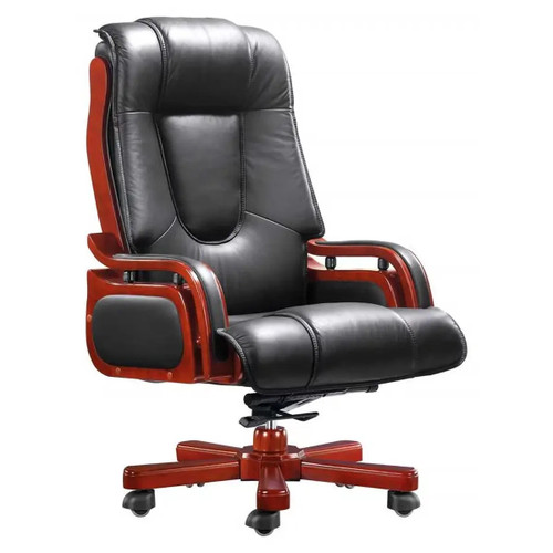 Counselor High-back Office Chair CHAIR-HBC-SZ-MAG, premium black leather ergonomic office chair with wooden armrests and base, adjustable height, and cushioned backrest for comfort and support.