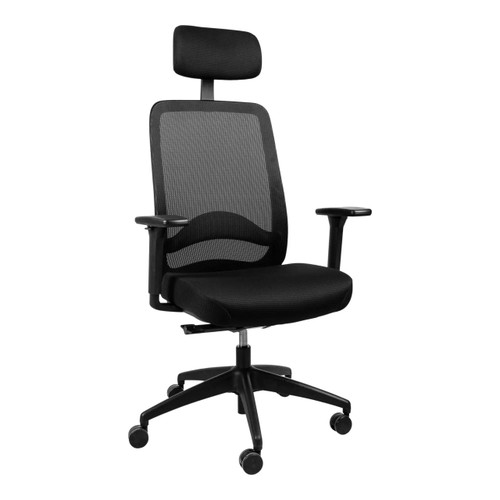 Plush High-back Office Chair CEC-HCH-PLU, black ergonomic office chair with mesh backrest, padded seat, adjustable headrest, armrests, and rolling casters.