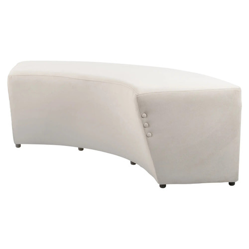 Concave Three Button Ottoman, white fabric upholstered ottoman with three decorative buttons on the side and a curved design.