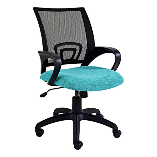 Britney Mesh Medium-back Chair, ergonomic office chair with black mesh backrest, teal cushioned seat, black armrests, and five-star wheeled base.