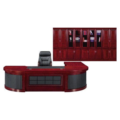Dominion Executive Office Desk FOF-EOD-B009, elegant mahogany office desk with curved design and black panel accents, accompanied by a high-back black leather executive chair, and a matching mahogany storage cabinet with glass doors displaying binders.
