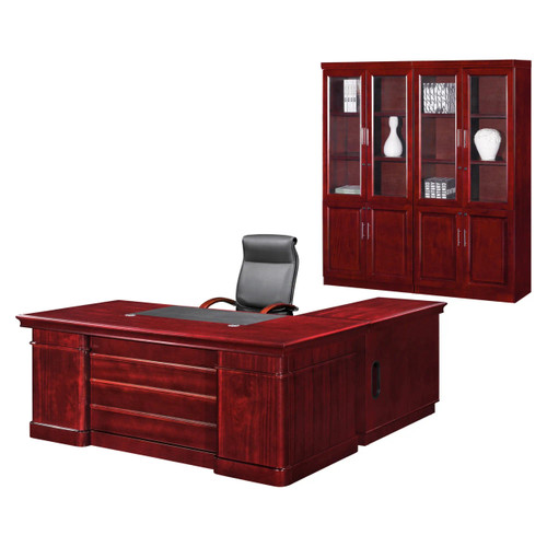 Sovereign Executive Office Desk FOF-EOD-B032, large mahogany wood office desk with spacious top and storage drawers, paired with a matching upper cabinet with glass doors and decorative items.