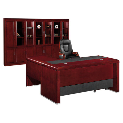 Orion Executive Office Desk FOF-EOD-B045, large mahogany office desk with black inlay surface, accompanied by matching mahogany file cabinet and black leather executive chair.