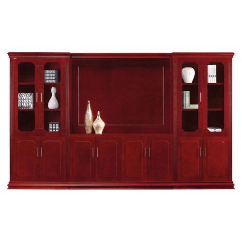 Cambridge Wall Unit FOF-WAU-S016, elegant red wooden wall unit with glass-door display cabinets and storage cabinets, display shelves with decorative vases and books.