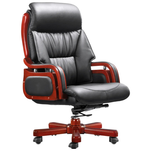 Executive High Back Genuine Leather Chair, luxurious black leather office chair with wooden armrests and base.
