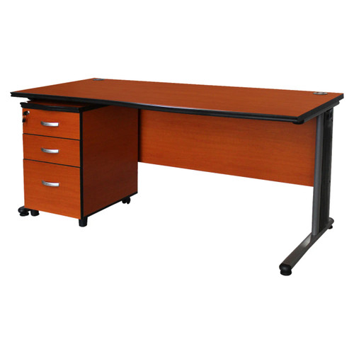 Desk Shell With Metal Legs FOF-DS-M305, office desk with a wood finish and black metal legs with a matching mobile pedestal with four drawers.