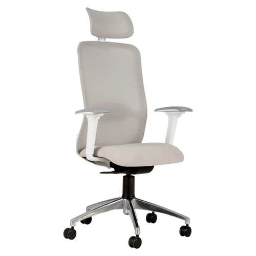 Tide Mesh High-back Office Chair SAC-HCH-TID-WH, ergonomic office chair with mesh backrest, adjustable headrest, armrests, cushioned seat, and five caster wheels in white and silver.
