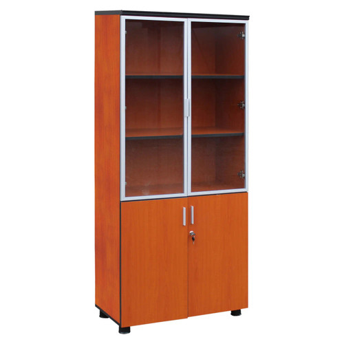 Glass Door Cabinet, two glass doors on top with interior shelves and two wooden doors at the bottom with a lock, FOF-GDC-M407+C.