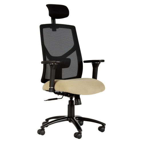 Fortress High-back Office Chair SAC-HCH-FOR, ergonomic office chair with mesh backrest, padded beige seat, adjustable headrest, armrests, and rolling casters for mobility.