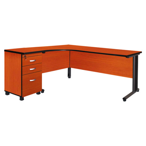 Cluster Desk With Black PVC Edging, Steel Leg FOF-CD-M302, office desk with wooden finish, black PVC edging, steel legs, and attached storage drawers.