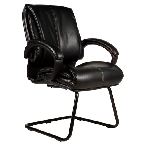 Mr Chairman Visitor Office Chair ISC, black leather cushioned executive office chair with armrests and metal sled base.