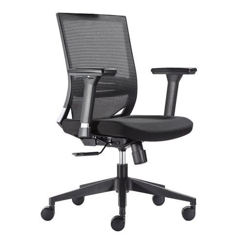 Galaxy G7 Mesh Medium-back Office Chair, ergonomic black office chair with mesh backrest, adjustable armrests, and cushioned seat on five caster wheels.