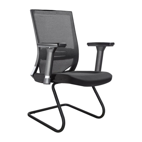 Galaxy G7 Mesh Visitor Office Chair, ergonomic black office chair with mesh backrest, cushioned seat, adjustable armrests, and sled base.