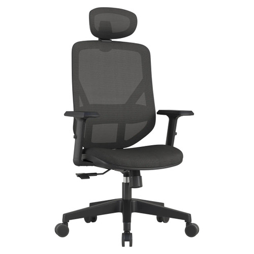 Pluto Mesh High-back Office Chair ISC-HCH-PLU, black ergonomic office chair with adjustable headrest, mesh back support, cushioned seat, armrests, and five-wheel base for mobility.