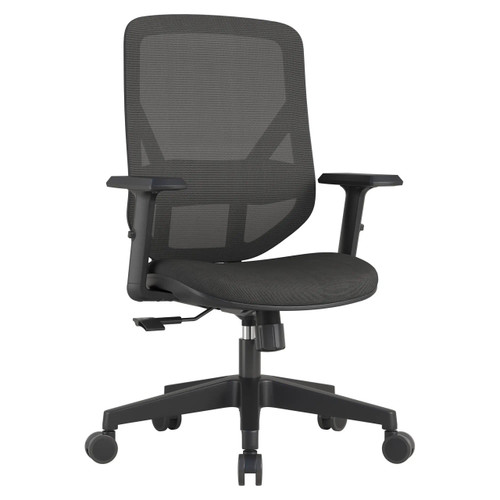 Pluto Mesh Medium-back Office Chair, black ergonomic office chair with mesh backrest and adjustable height with wheels for mobility.