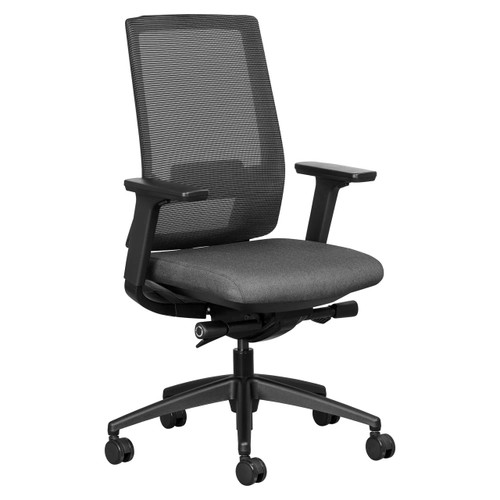 Mira Mesh Medium-back Office Chair, ergonomic black and gray office chair with mesh backrest, cushioned seat, adjustable armrests, and wheelbase for mobility.