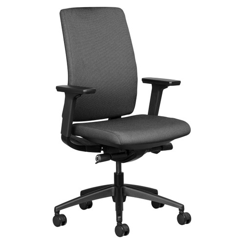 Mira Upholstered Medium-back Office Chair, black fabric ergonomic office chair with adjustable armrests and tilt function.