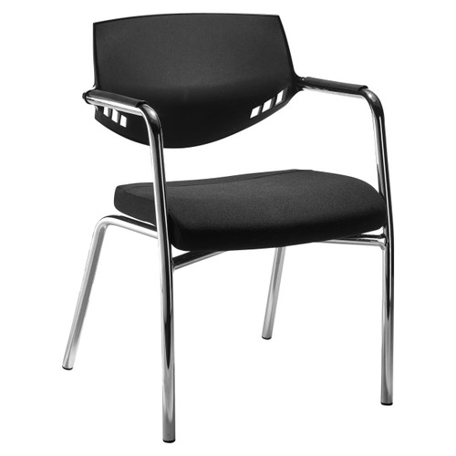 Auriga Integral Four Legged Visitor Office Chair KAR-VCH-AUR, black office chair with cushioned seat, plastic backrest, and chrome-metal legs and armrests.