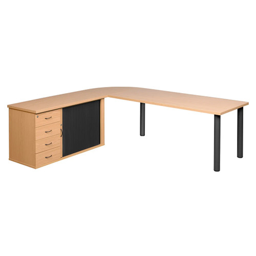 Pulse Office Desk with Rolling Door Credenza and Four Drawer Desk High Pedestal, modern office furniture with light wood finish, black rolling door cabinet, four drawer pedestal, and black cylindrical legs.