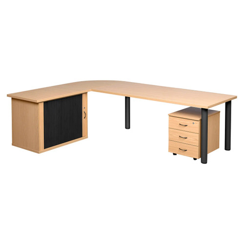 Pulse Office Desk with Rolling Door Credenza and Three Drawer Mobile Pedestal, modern office desk with wood finish, black sliding door credenza, and mobile storage unit with three drawers.