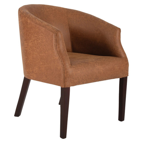 Delhi Tub Chair FUR-TUB-DEL, a stylish brown leather upholstered tub chair with dark wooden legs.
