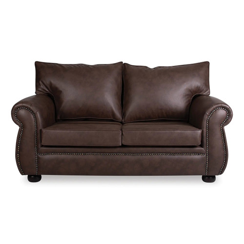 Lima Sofa Double Seater, brown leather sofa with studded detailing on the rolled arms and two large cushions.