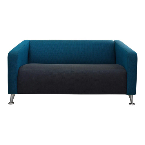 Melville Sofa Double Seater, modern blue and black fabric sofa with sleek metal legs.