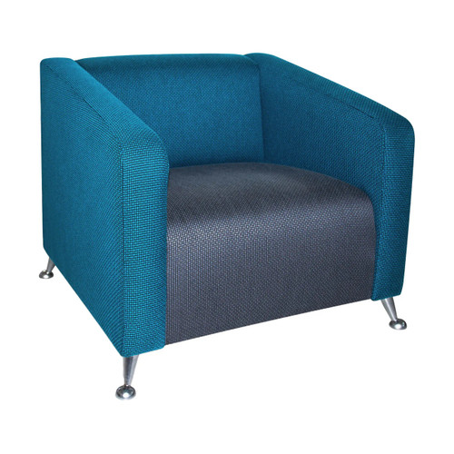 Melville Sofa Chair, modern armchair with vibrant blue and gray upholstery and sleek metal legs.