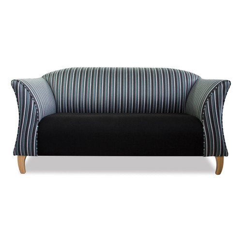 Nevis Sofa Double Seater FUR-SDS-NEV, a stylish two-seater sofa featuring black upholstery with a striped fabric backrest and armrests, wooden legs, and contemporary design for modern living rooms.
