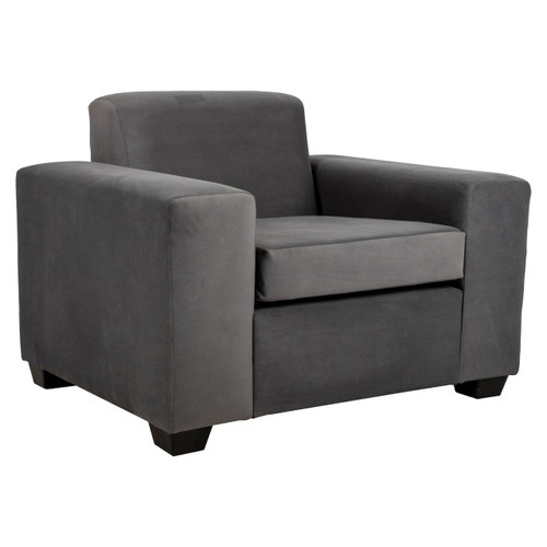 Oslo Sofa Chair, modern dark gray upholstered armchair with wide armrests and cushioned seat and backrest, perfect for living rooms or lounging areas.