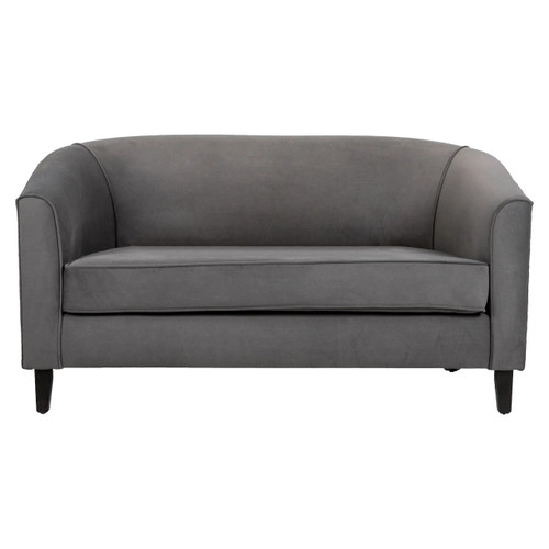 Sabina Double Tub Chair, Elegant grey upholstered armchair with smooth fabric and wooden legs.