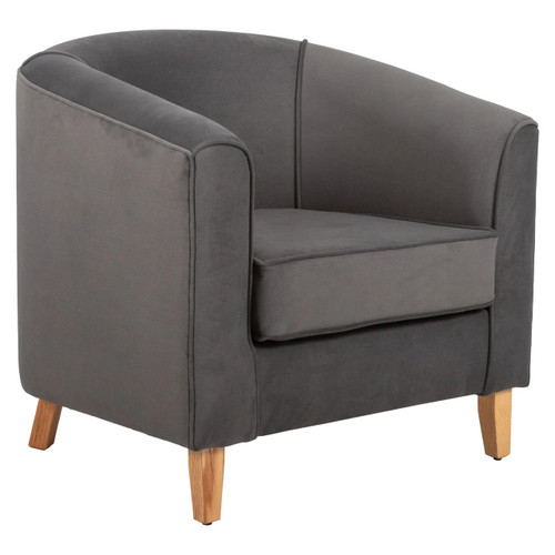 Sabina Tub Chair, modern gray upholstered armchair with wooden legs and plush cushioning.