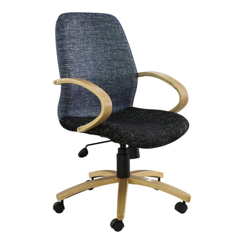 Morant Wooden Medium-back Office Chair SAC-MB-MW, ergonomic office chair with a black fabric seat and backrest, and light wood curved armrests and base.