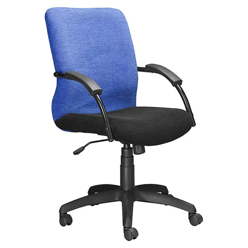 Kari Streamline Medium-back Office Chair COF-MCH-KSC5, ergonomic office chair with a blue mesh backrest, black cushioned seat, adjustable height, and rolling casters.