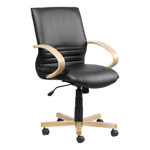 Holly Wooden Medium-back Office Chair COF-MCH-HWC5B, black leather seat with wooden armrests and base, ergonomic design, swivel with casters for mobility.